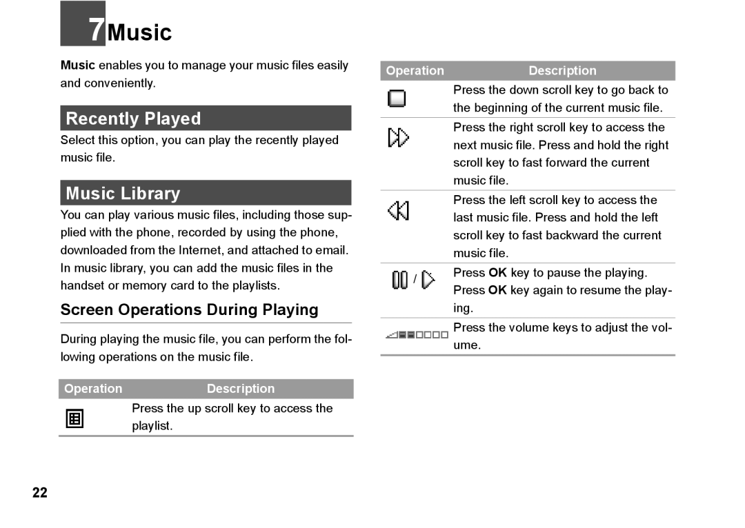 Husqvarna 830 manual 7Music, Recently Played, Music Library, Screen Operations During Playing 