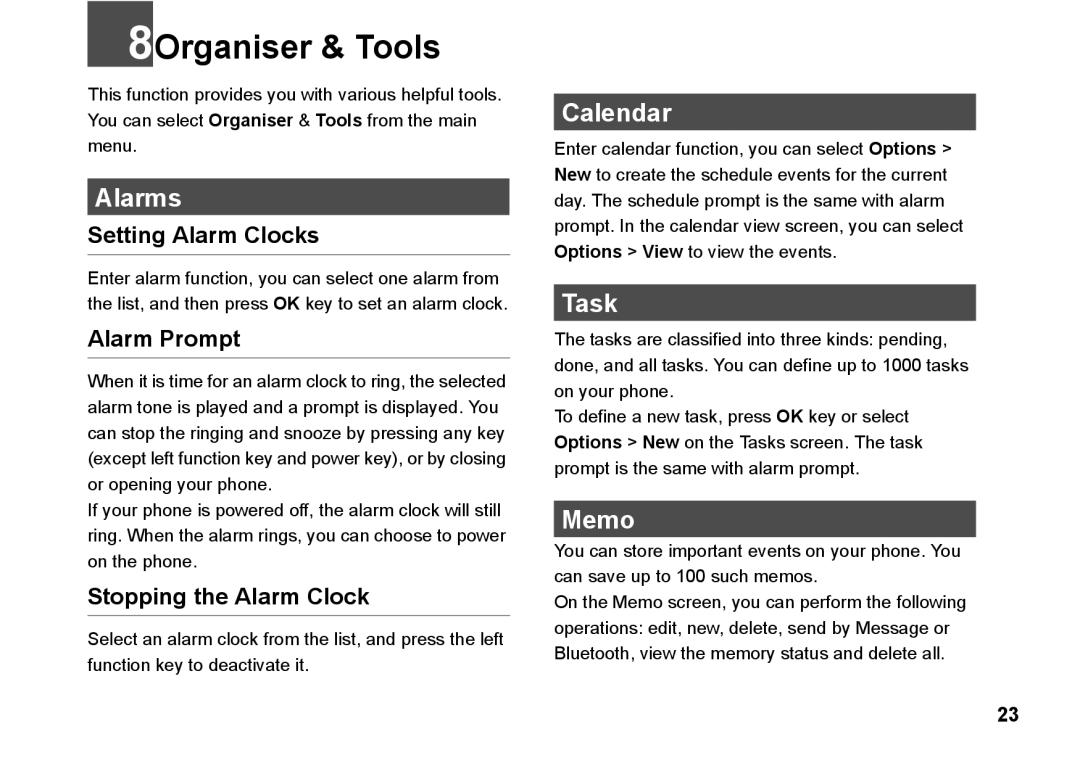 Husqvarna 830 manual 8Organiser & Tools, Alarms, Calendar, Task, Memo 