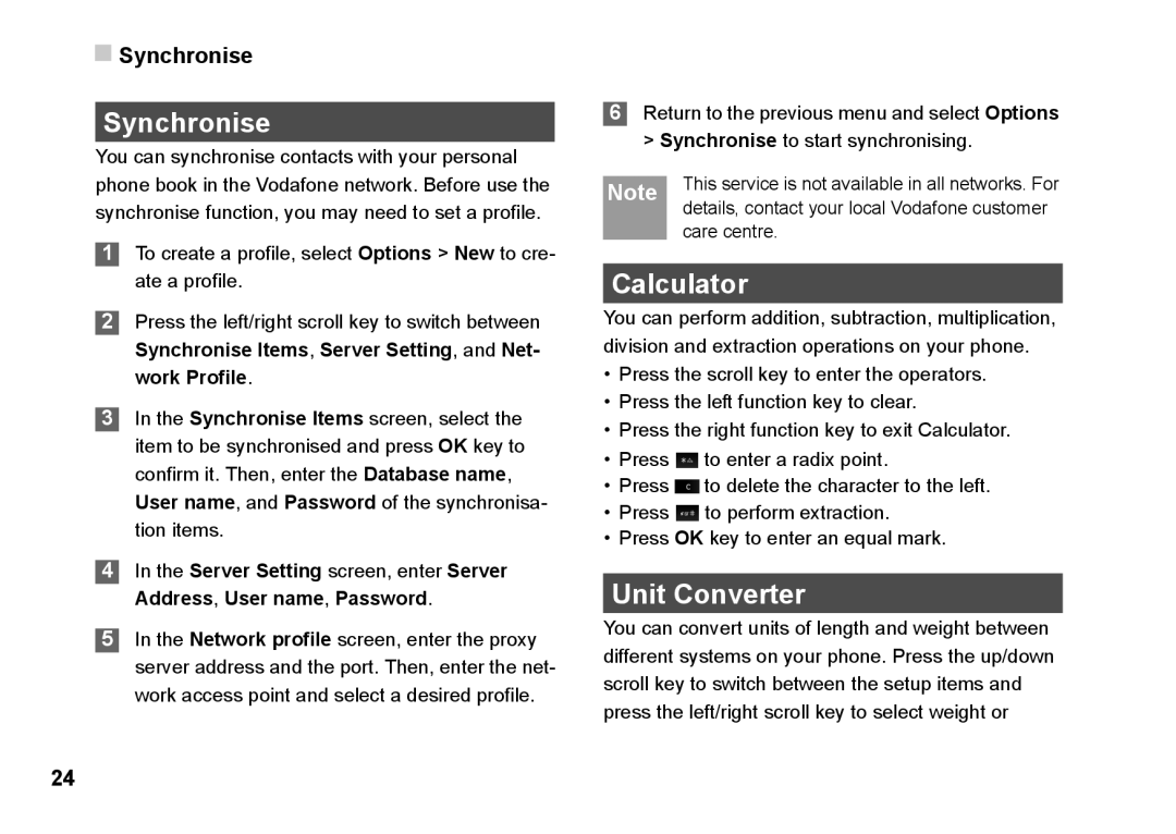 Husqvarna 830 manual Synchronise, Calculator, Unit Converter 