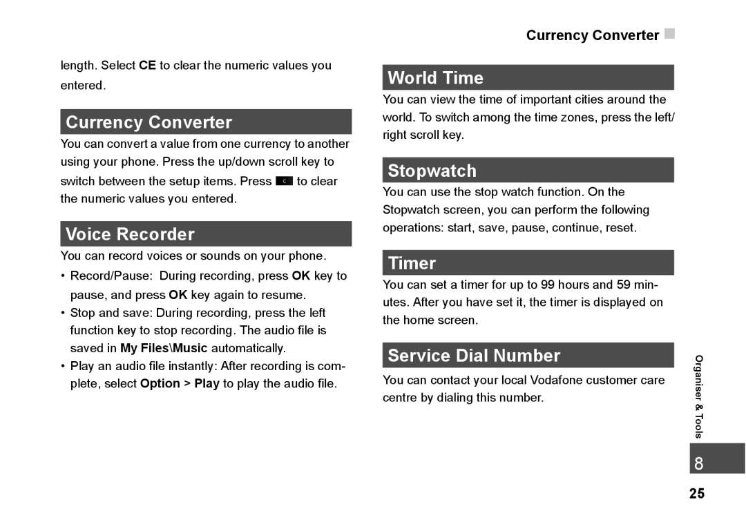 Husqvarna 830 manual Currency Converter, Voice Recorder, World Time, Stopwatch, Timer, Service Dial Number 