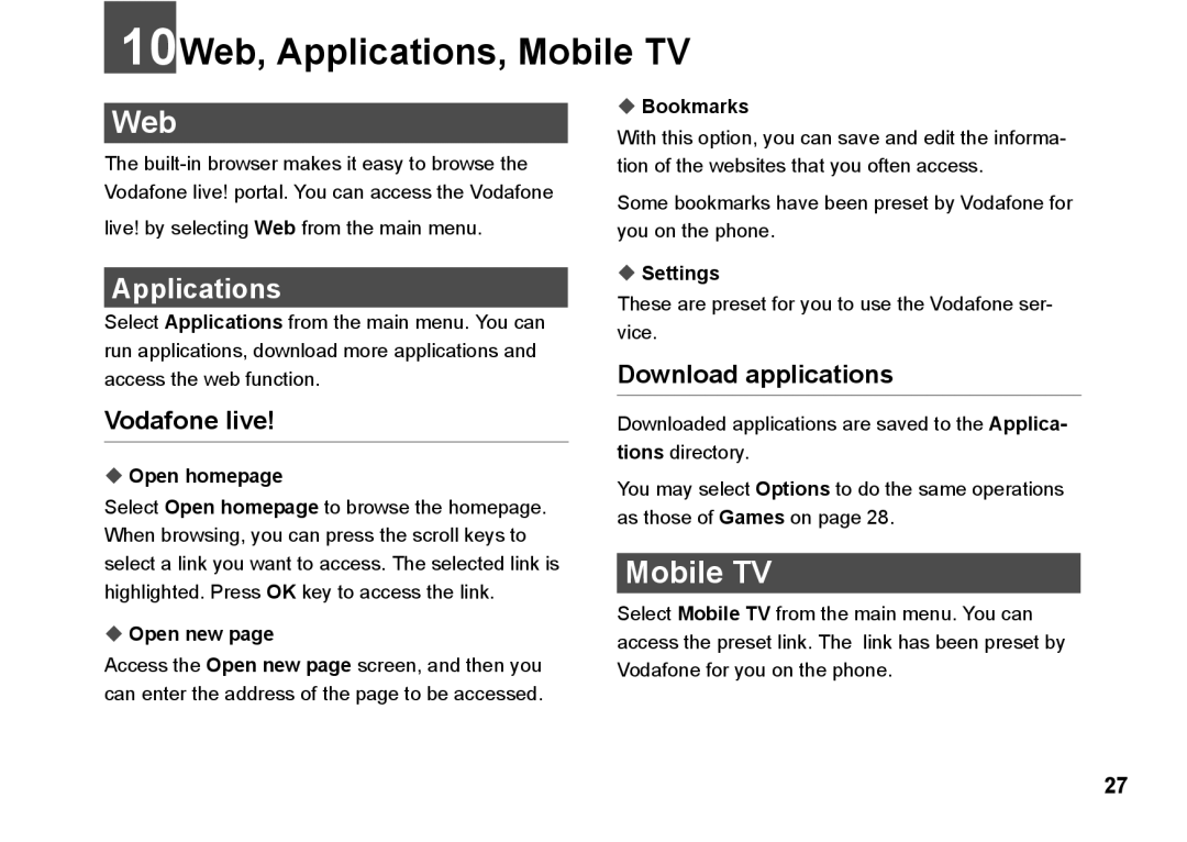 Husqvarna 830 manual 10Web, Applications, Mobile TV 