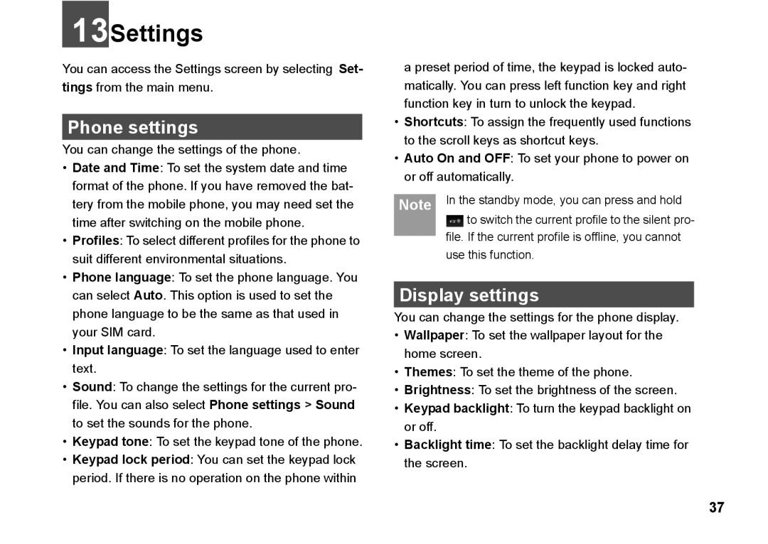 Husqvarna 830 manual 13Settings, Phone settings, Display settings 