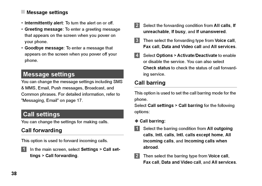 Husqvarna 830 manual Message settings, Call settings, Call forwarding, Call barring 