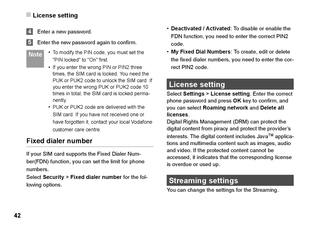 Husqvarna 830 manual License setting, Streaming settings, Fixed dialer number 