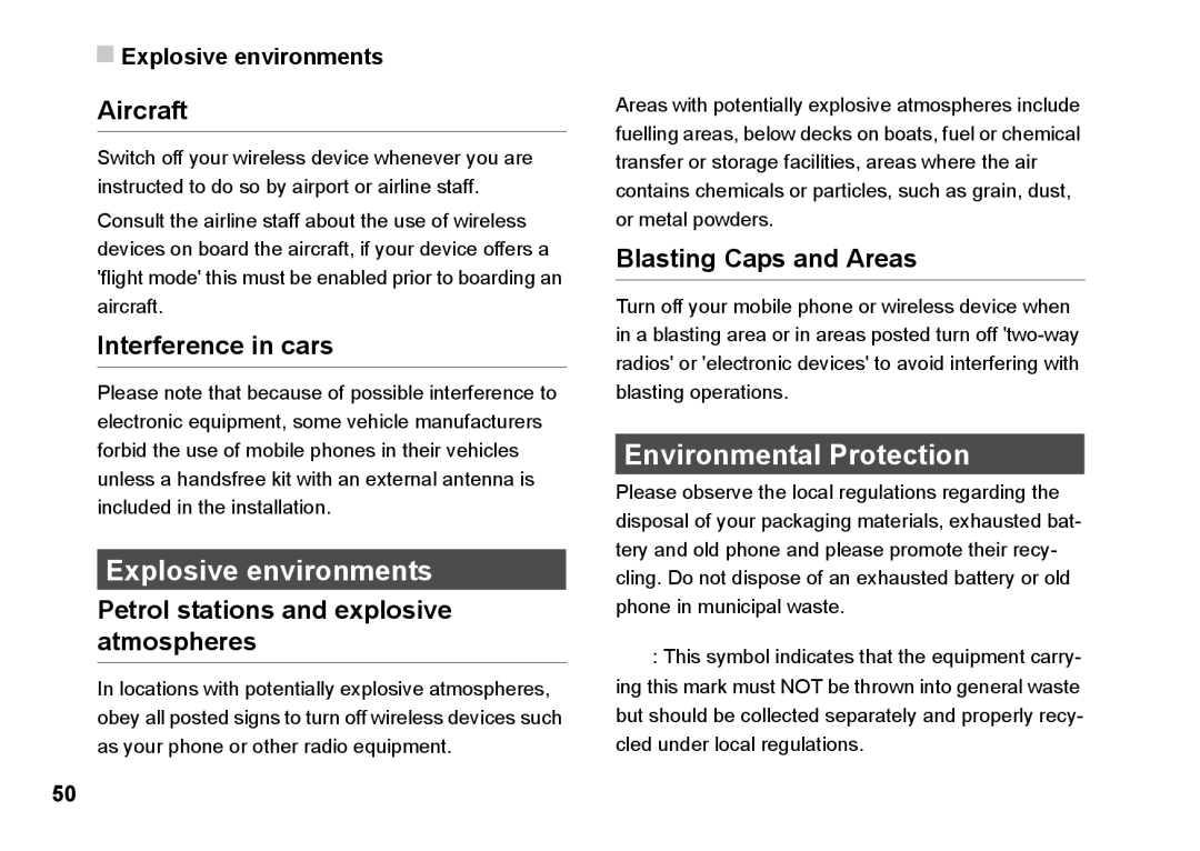 Husqvarna 830 manual Explosive environments, Environmental Protection 