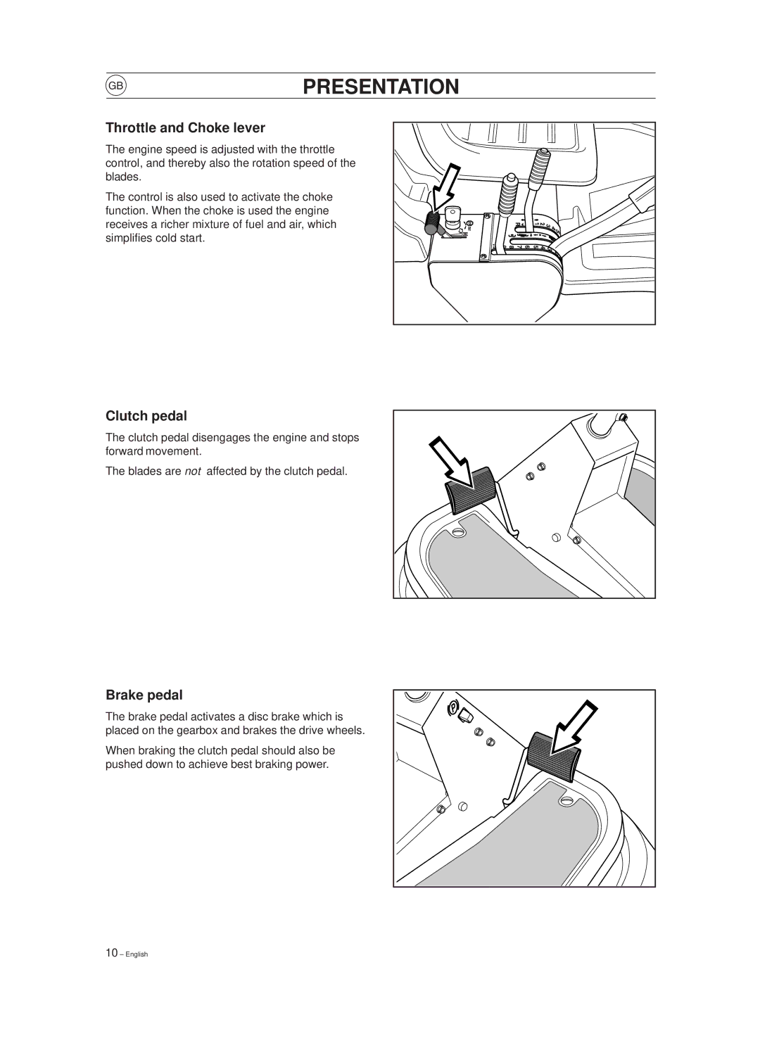 Husqvarna 850, 970 manual Epresentation, Throttle and Choke lever, Clutch pedal, Brake pedal 