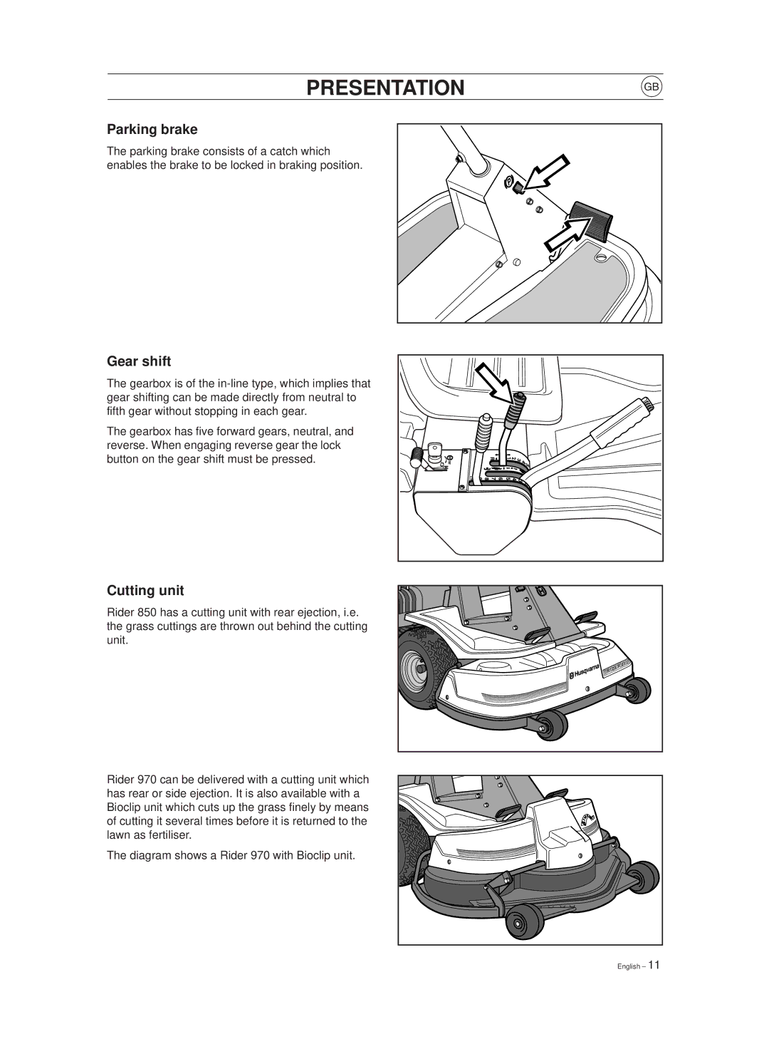 Husqvarna 970, 850 manual Parking brake, Gear shift, Cutting unit 