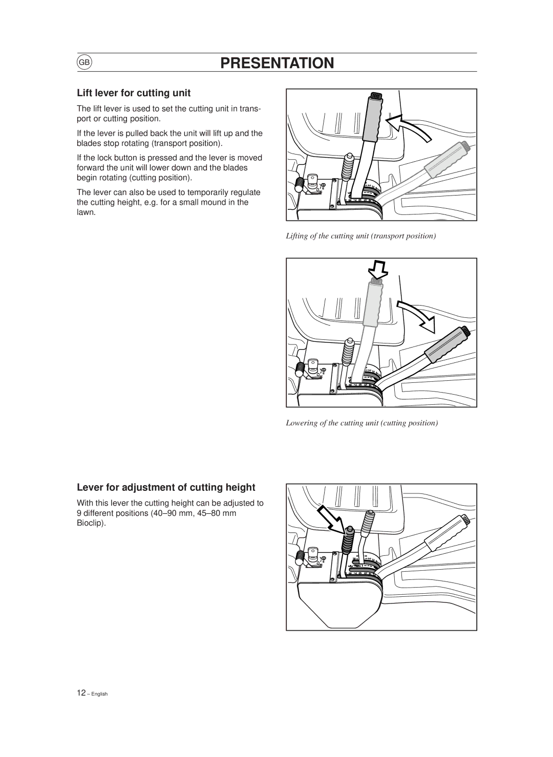 Husqvarna 850, 970 manual Lift lever for cutting unit, Lever for adjustment of cutting height 