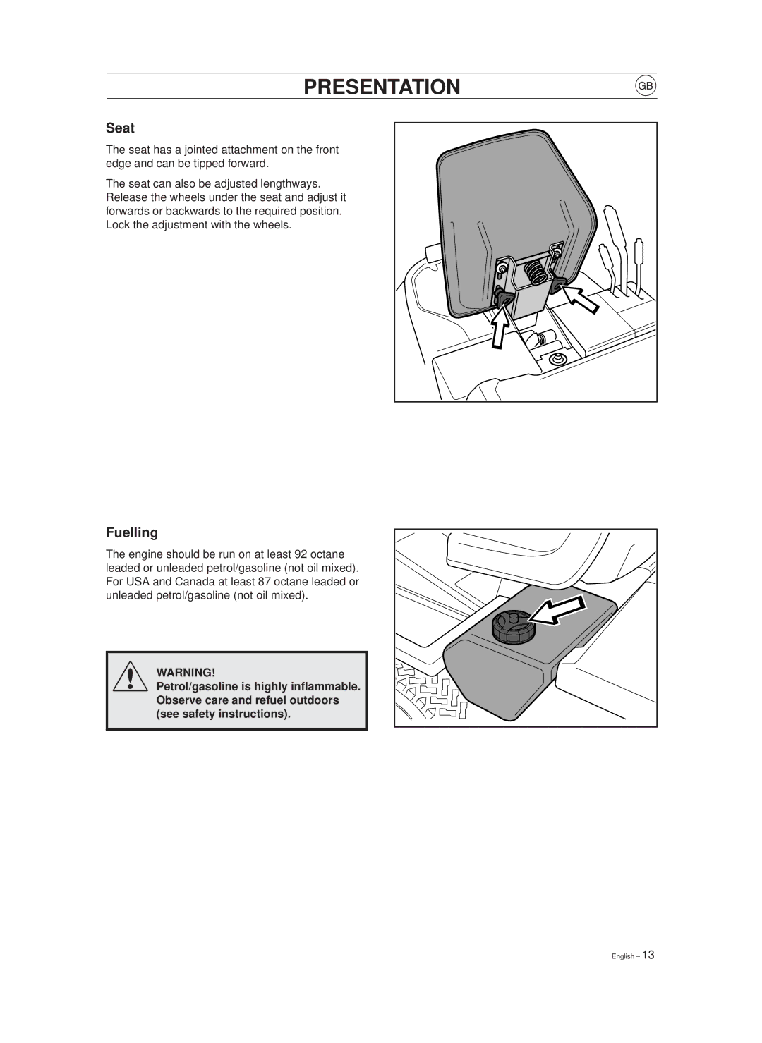 Husqvarna 970, 850 manual Presentation, Seat, Fuelling 