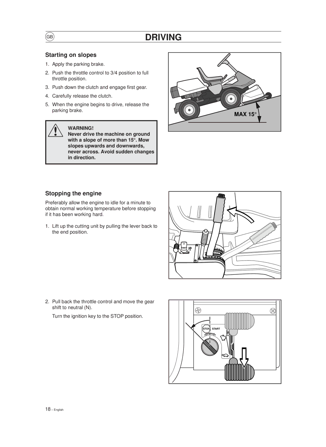 Husqvarna 850, 970 manual Starting on slopes, Stopping the engine 