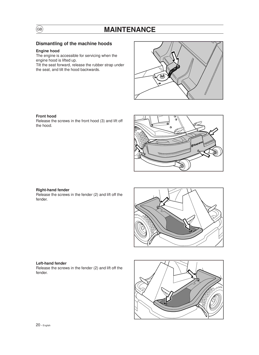 Husqvarna 850, 970 manual Emaintenance, Dismantling of the machine hoods 