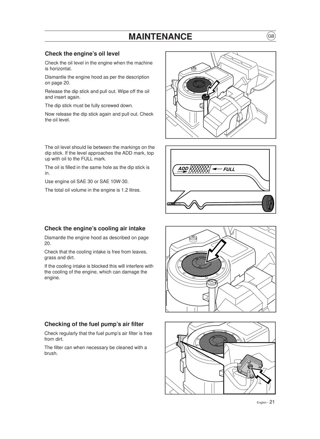 Husqvarna 970, 850 manual Maintenance, Check the engine’s oil level, Check the engine’s cooling air intake 