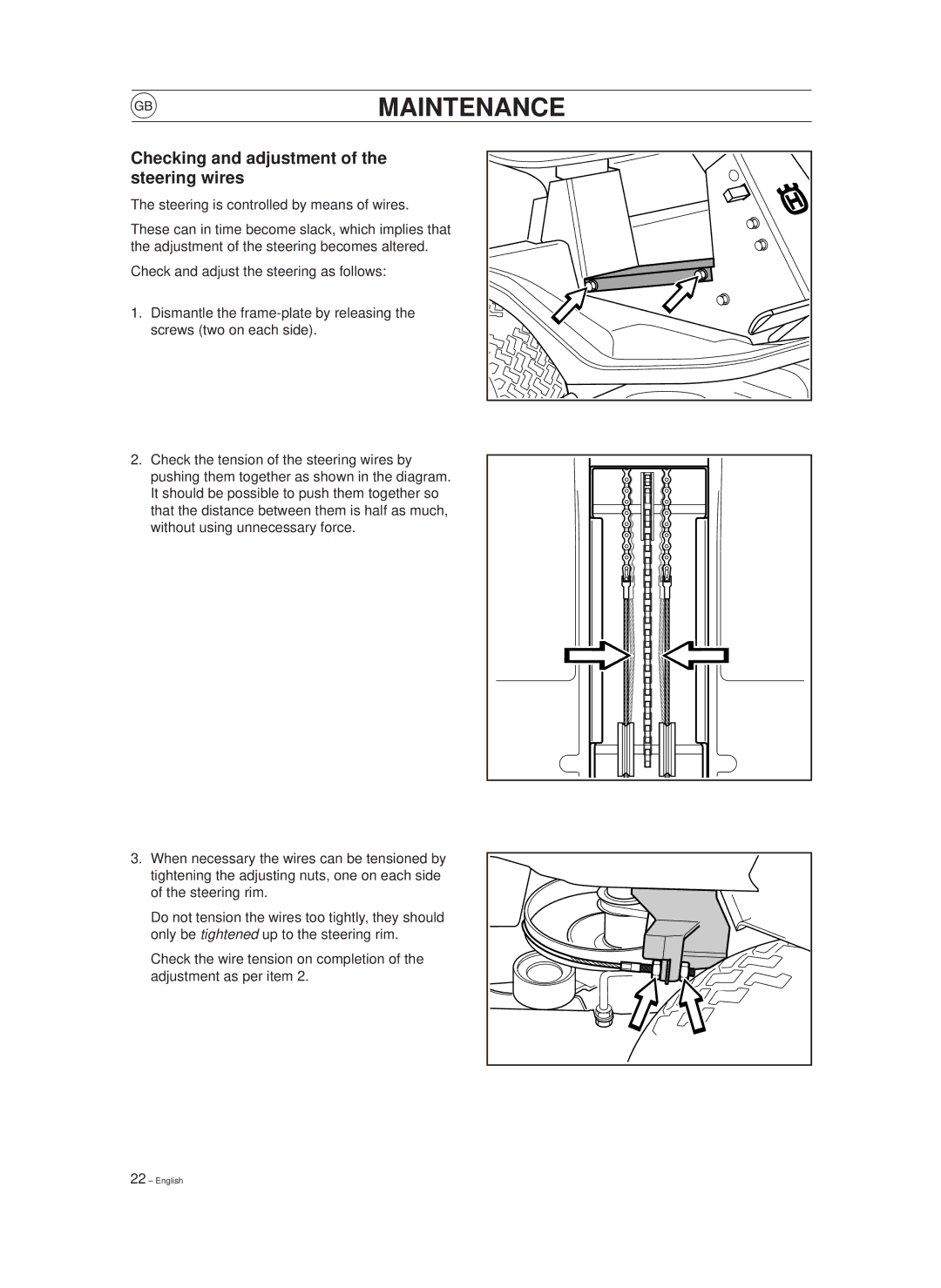 Husqvarna 850, 970 manual Checking and adjustment of the steering wires 