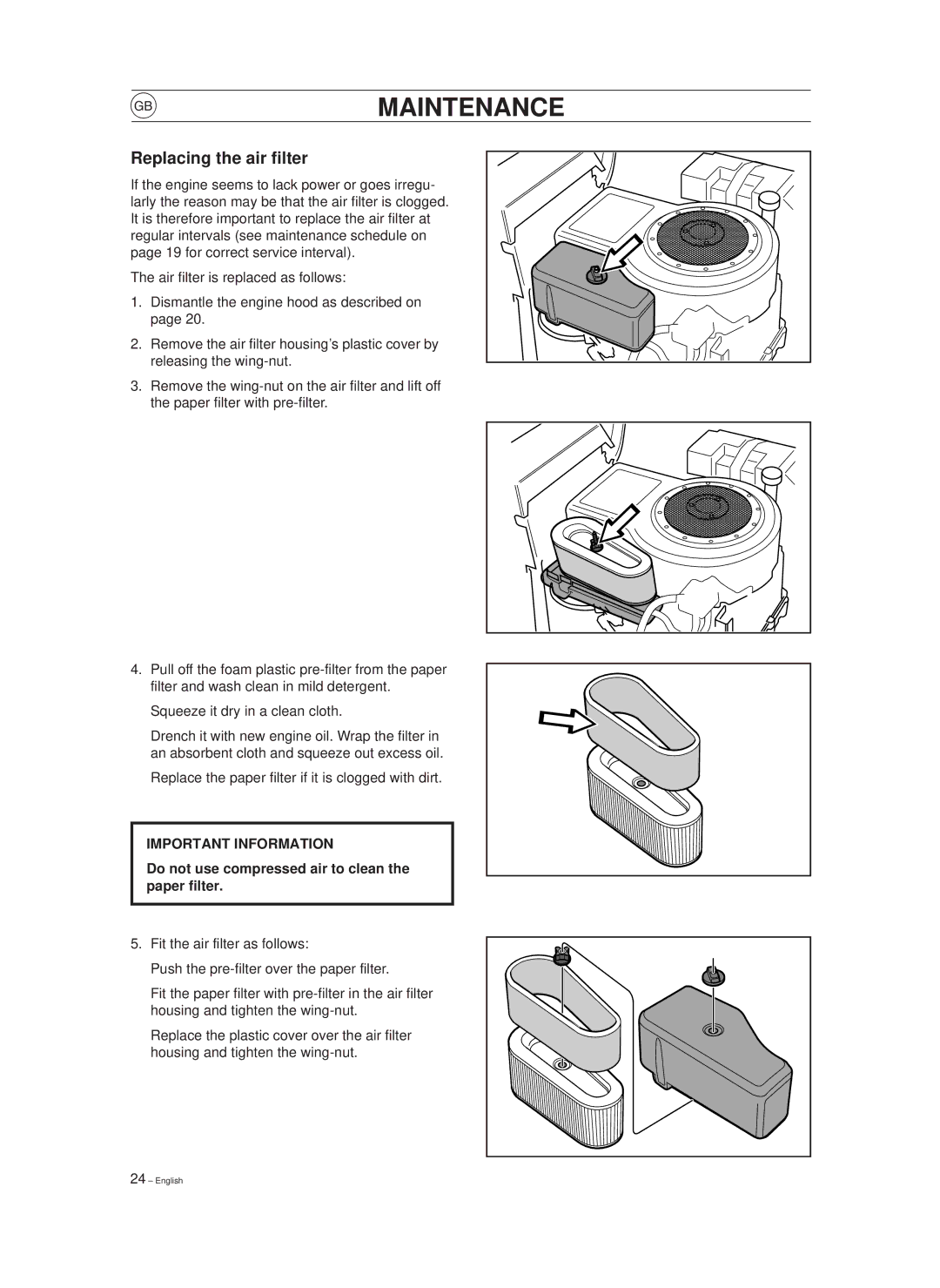 Husqvarna 850, 970 manual Replacing the air filter, Do not use compressed air to clean the paper filter 