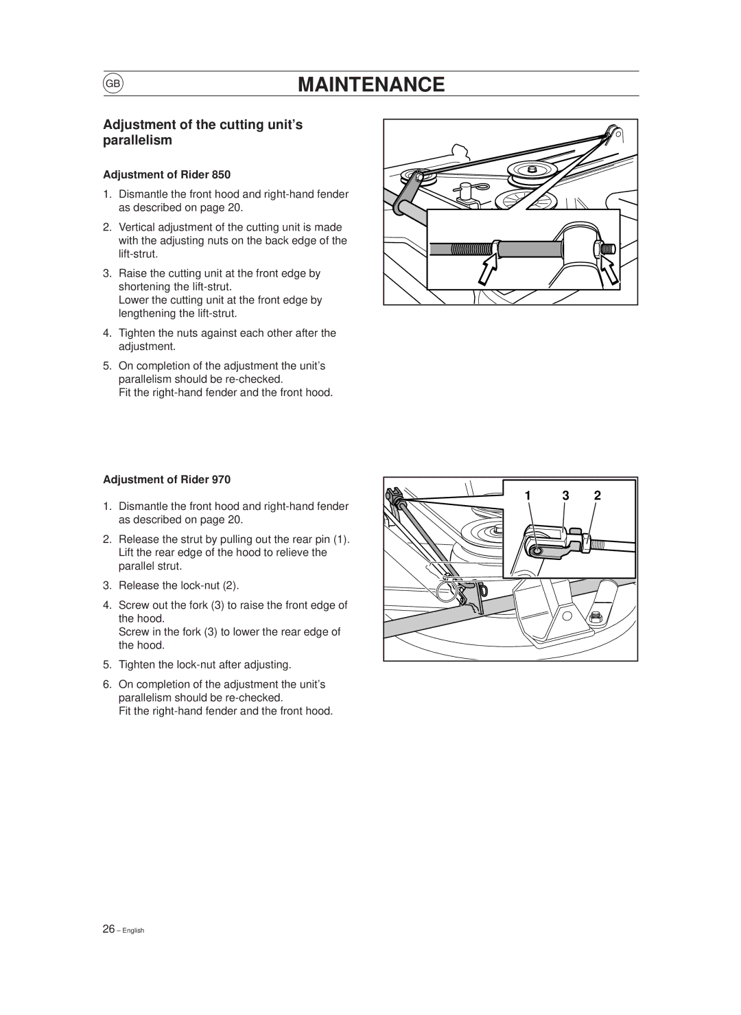 Husqvarna 850, 970 manual Adjustment of the cutting unit’s parallelism, Adjustment of Rider 