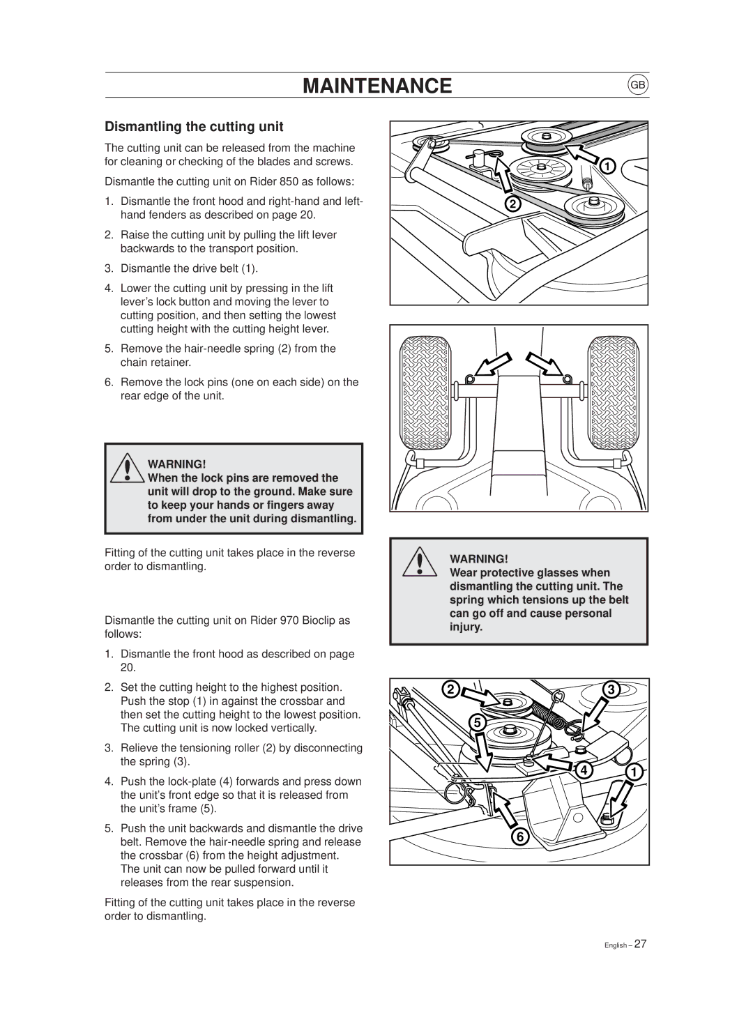 Husqvarna 970, 850 manual Dismantling the cutting unit 