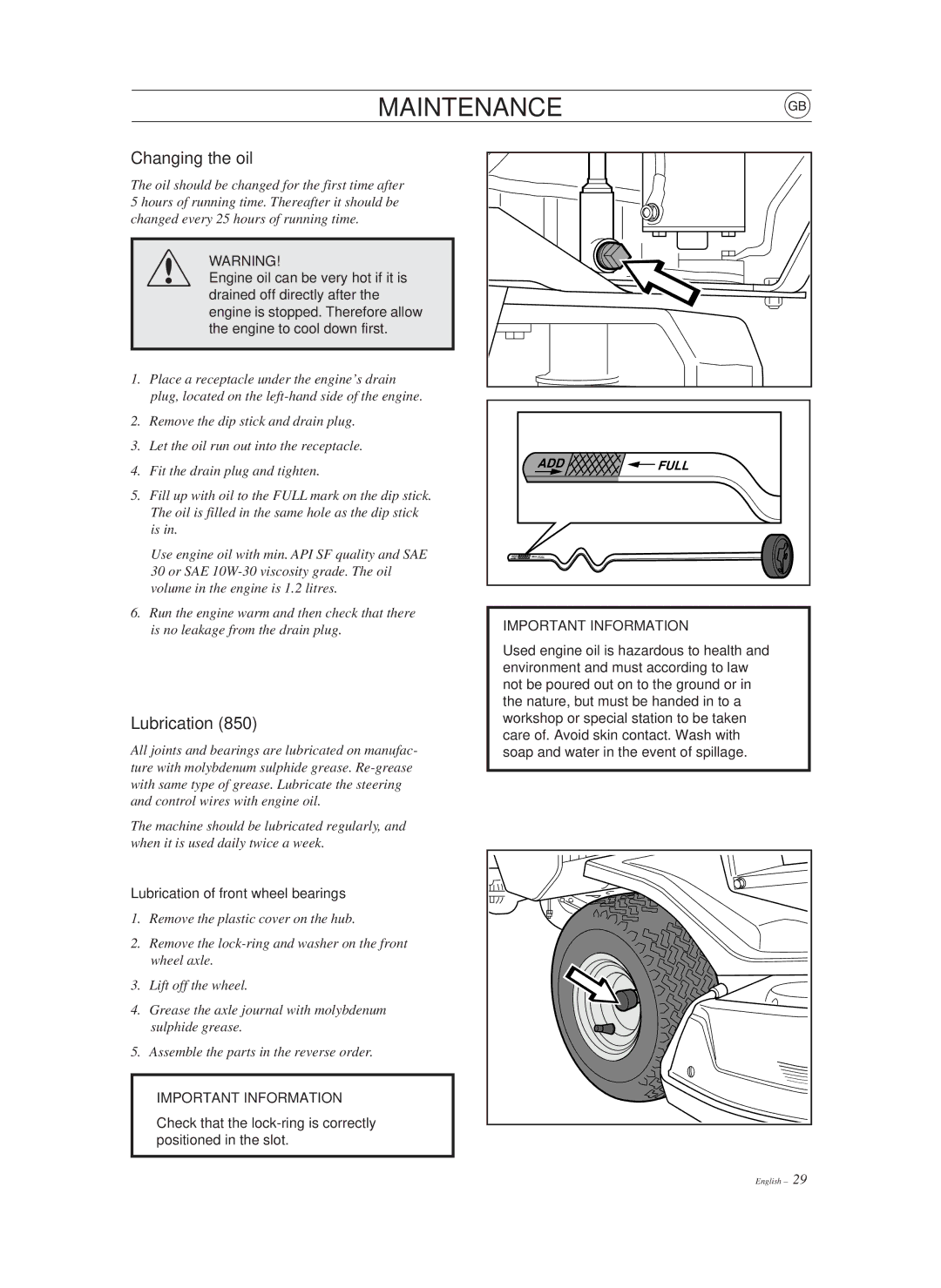 Husqvarna 970, 850 manual Changing the oil, Lubrication of front wheel bearings 