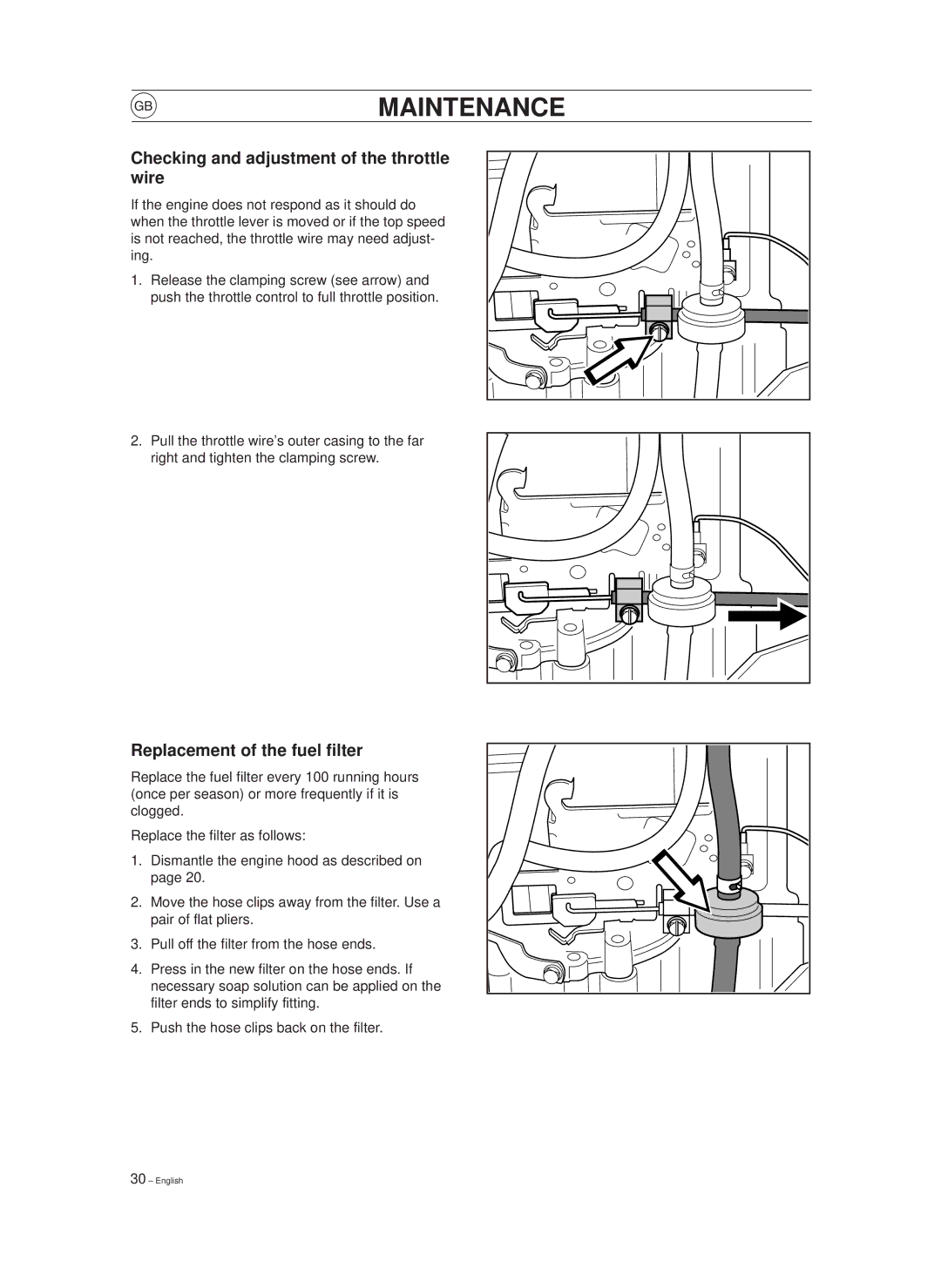 Husqvarna 850, 970 manual Checking and adjustment of the throttle wire, Replacement of the fuel filter 