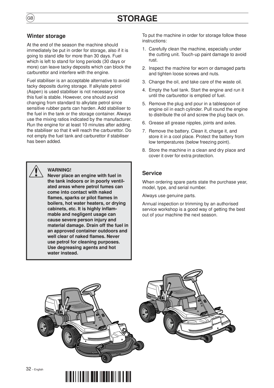 Husqvarna 850, 970 manual Estorage, Winter storage, Service 