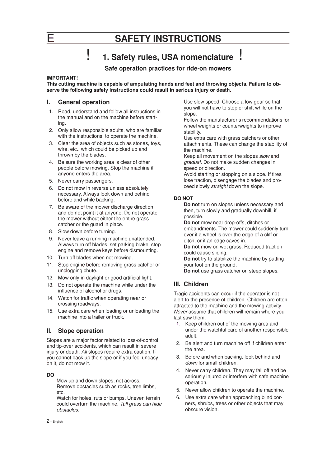 Husqvarna 850 Safety Instructions, Safe operation practices for ride-on mowers, General operation, II. Slope operation 