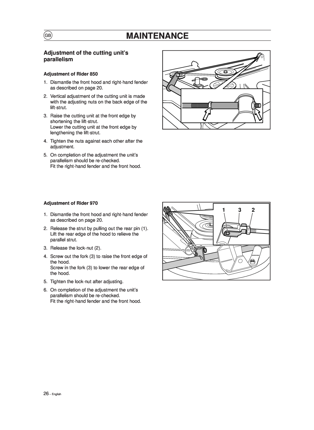 Husqvarna 850, 970 manual Adjustment of the cutting unit’s parallelism, Emaintenance, English 