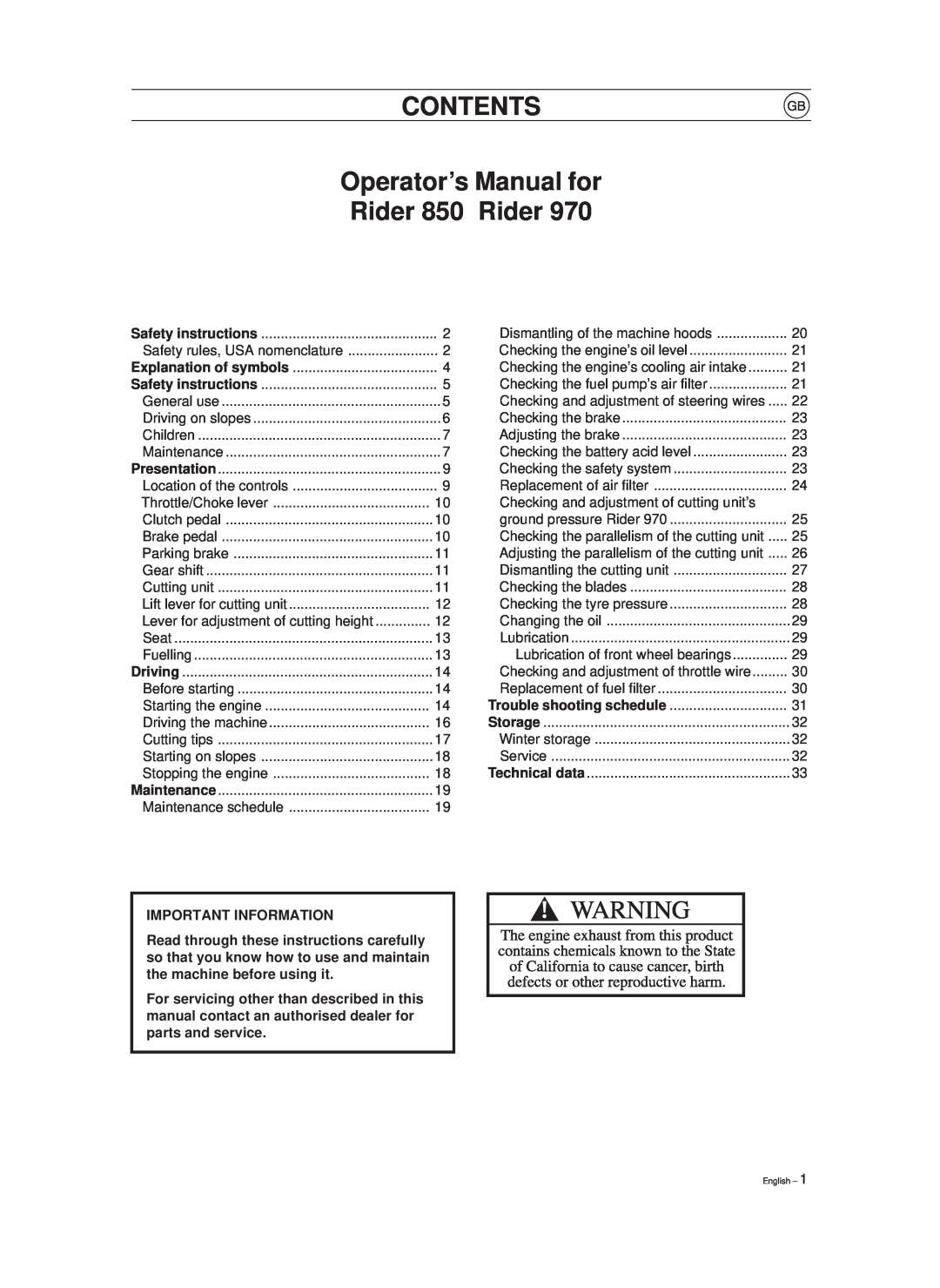 Husqvarna 970 manual CONTENTSE Operator’s Manual for Rider 850 Rider 