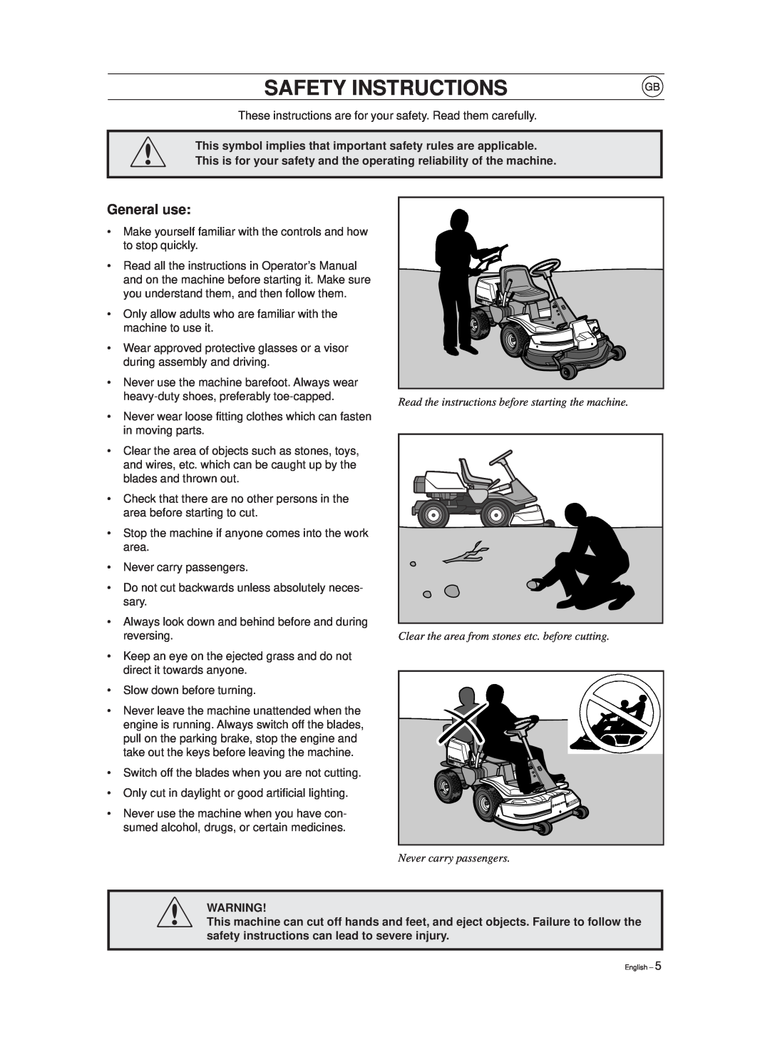 Husqvarna 970 General use, Read the instructions before starting the machine, Never carry passengers, Safety Instructions 
