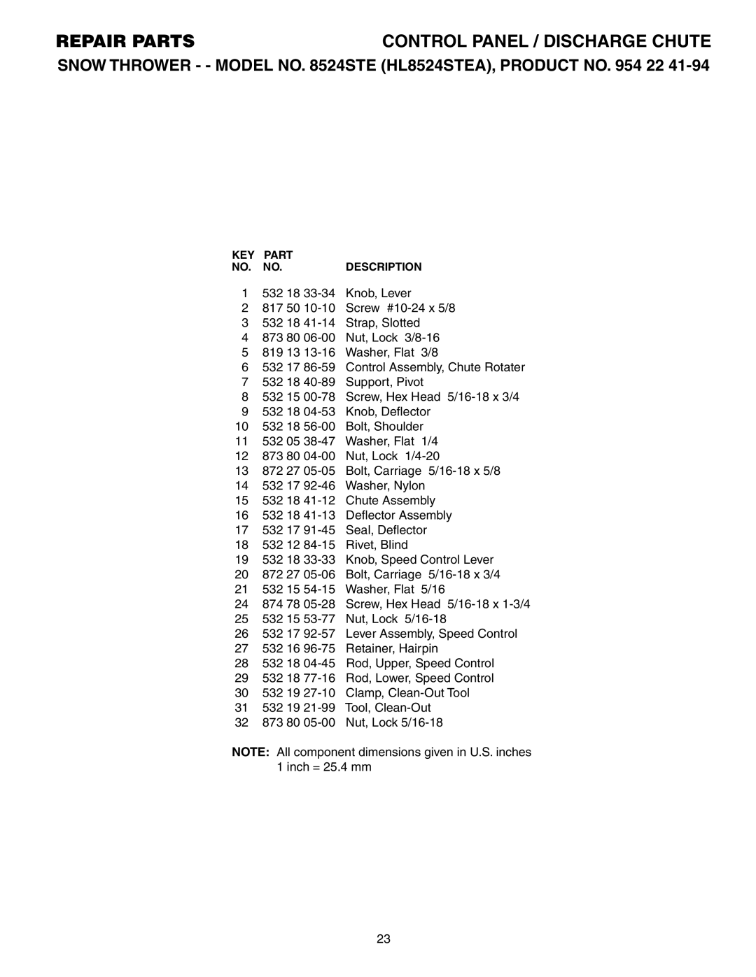 Husqvarna 8524STE owner manual Repair Parts 