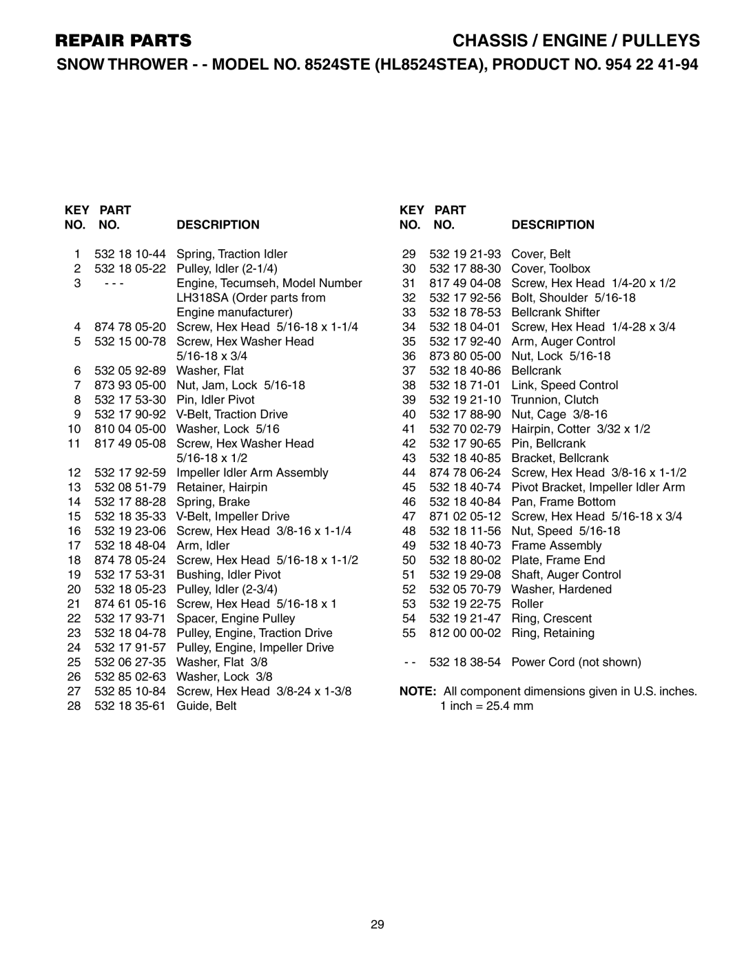 Husqvarna 8524STE owner manual KEY Part Description 