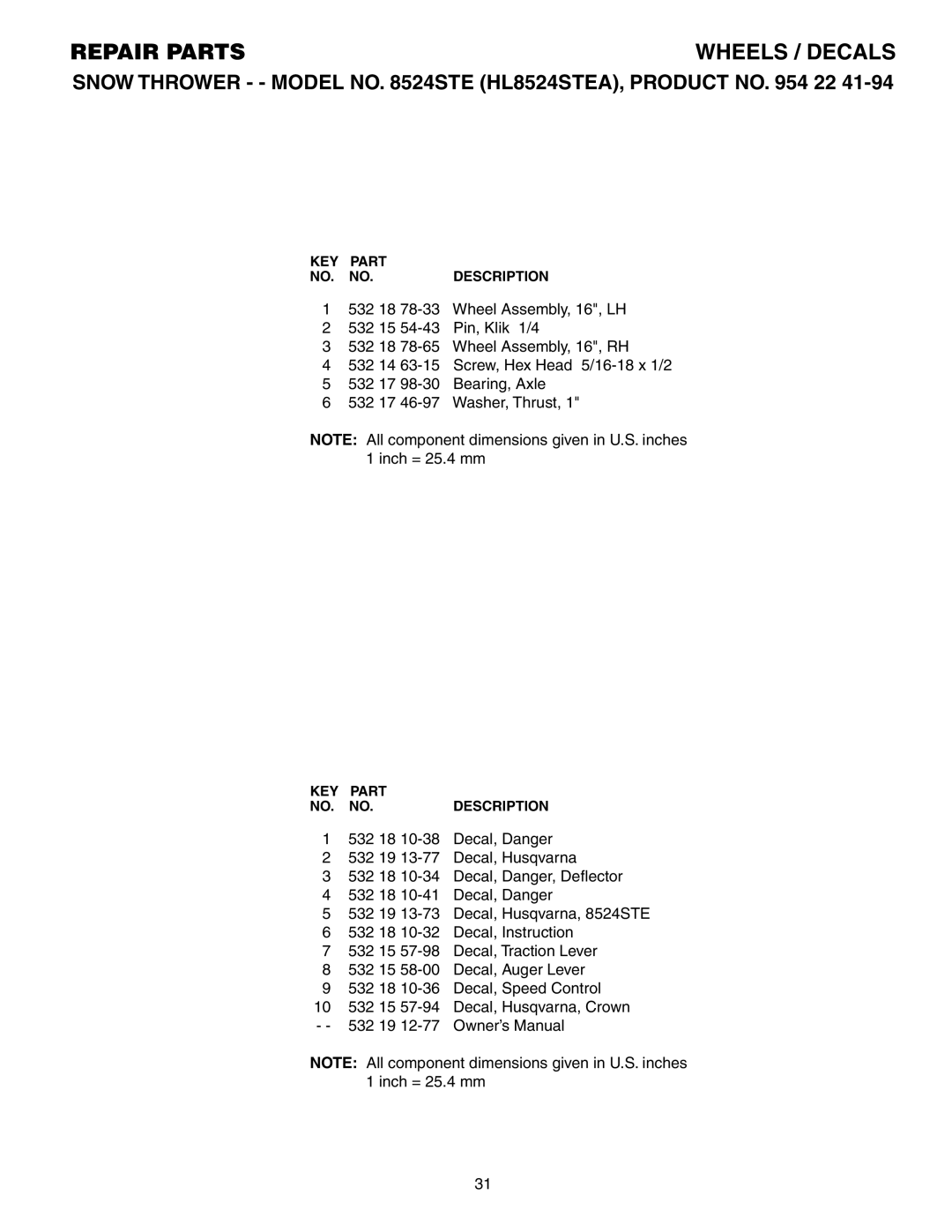 Husqvarna 8524STE owner manual 532 18 78-33 Wheel Assembly, 16, LH 