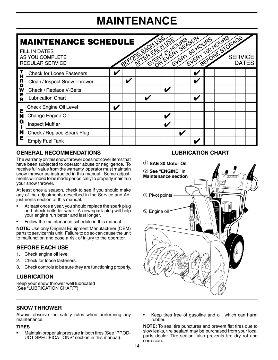 Husqvarna 8524STE Maintenance, General Recommendations, Before Each Use, Snow Thrower, Lubrication Chart, Tires 