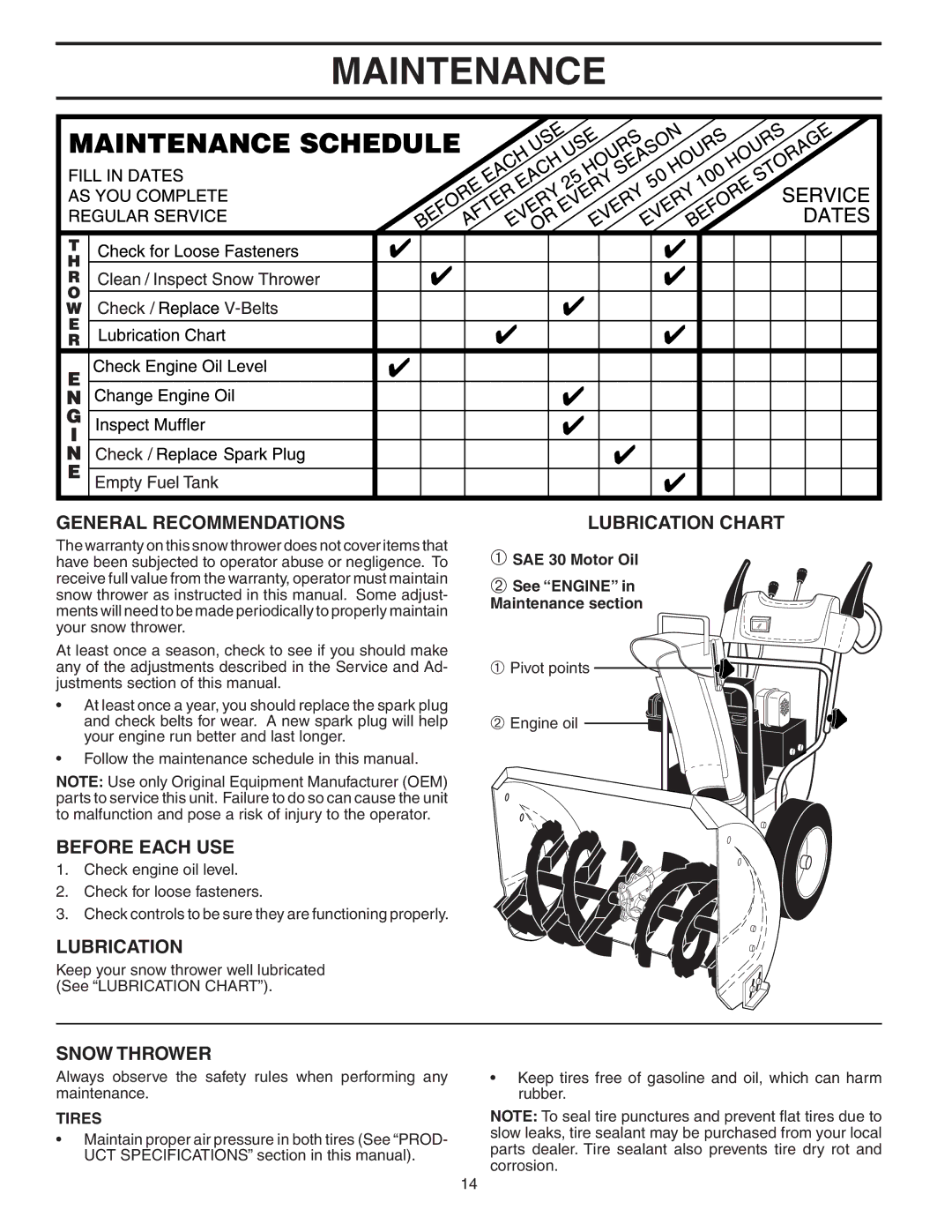 Husqvarna 8527 STE owner manual Maintenance, General Recommendations, Before Each USE, Lubrication, Snow Thrower 