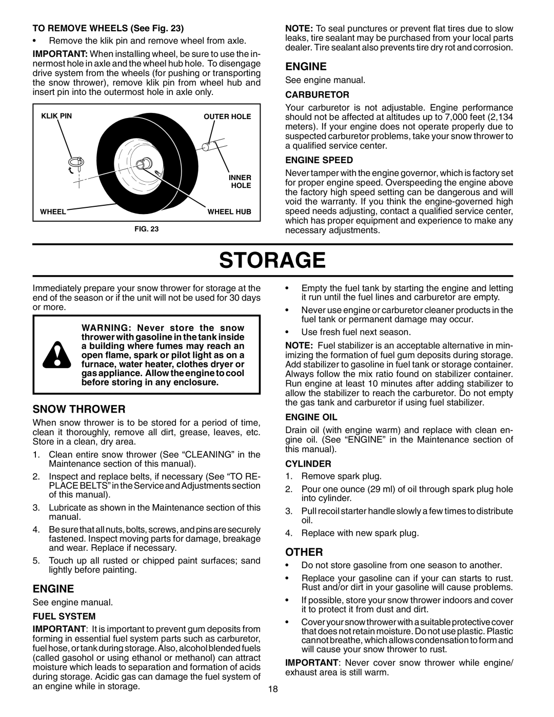 Husqvarna 8527SBE owner manual Storage, Other 