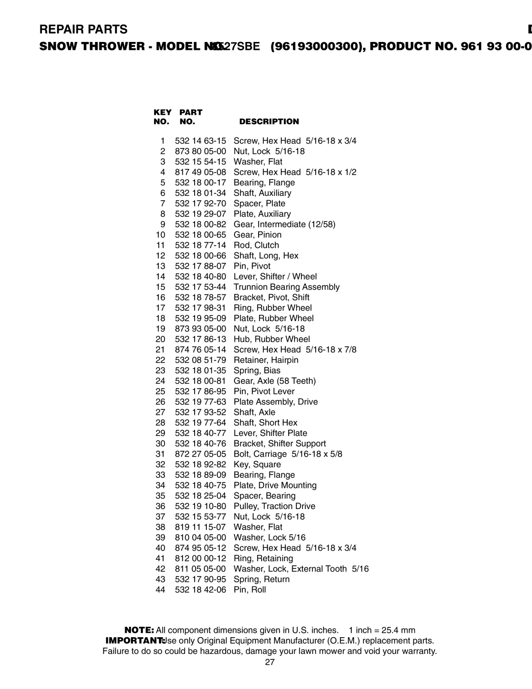 Husqvarna 8527SBE owner manual Repair Parts 