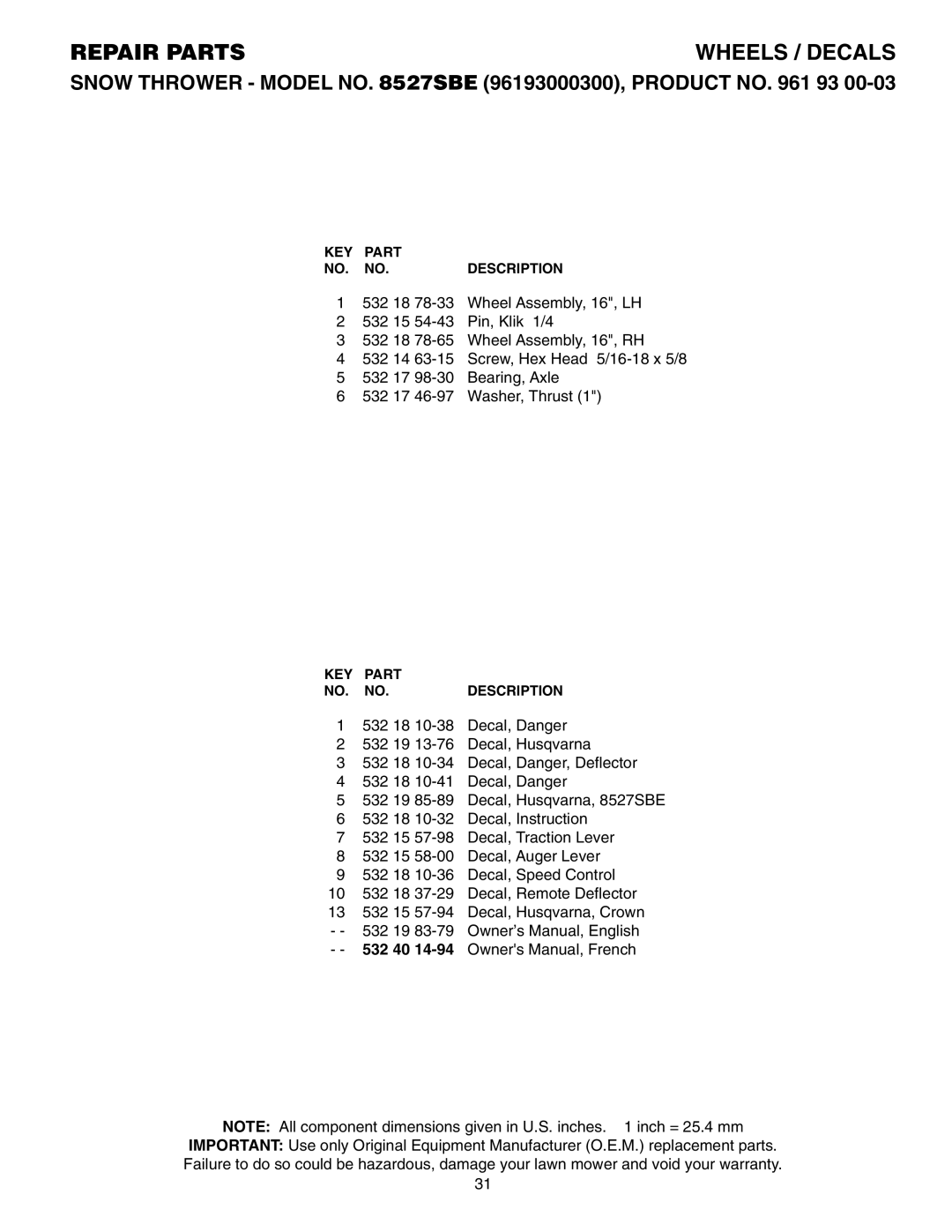 Husqvarna 8527SBE owner manual 532 40 