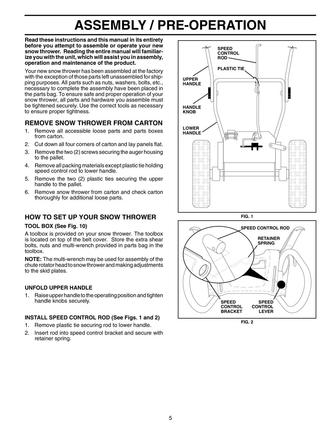 Husqvarna 8527SBE owner manual Assembly / PRE-OPERATION, Remove Snow Thrower from Carton, HOW to SET UP Your Snow Thrower 