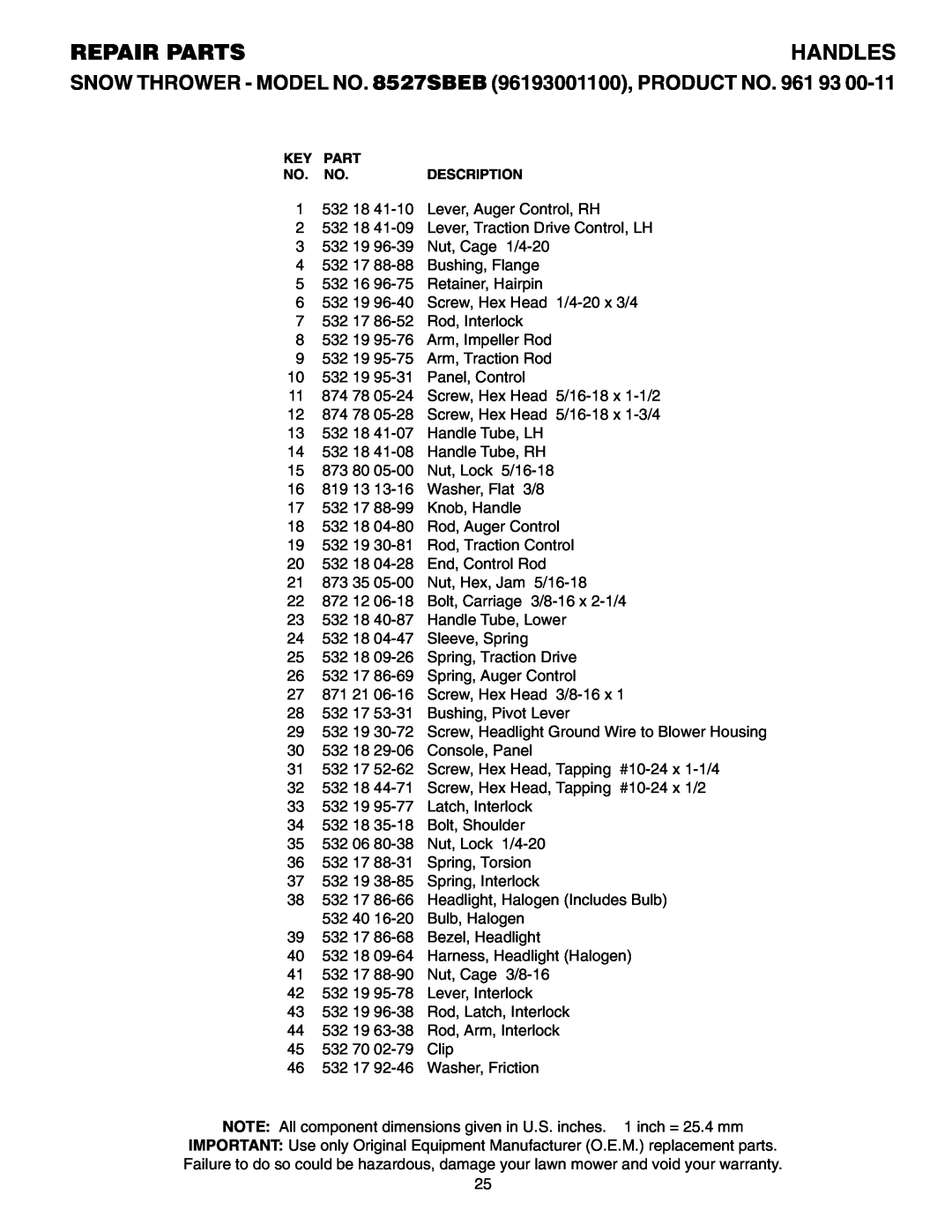 Husqvarna owner manual Handles, Repair Parts, SNOW THROWER - MODEL NO. 8527SBEB 96193001100, PRODUCT NO 