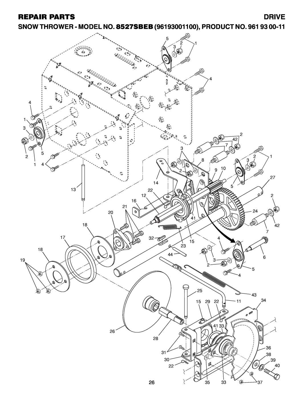 Husqvarna owner manual Drive, Repair Parts, SNOW THROWER - MODEL NO. 8527SBEB 96193001100, PRODUCT NO 