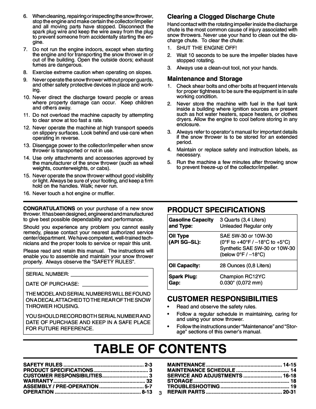 Husqvarna 8527SBEB Table Of Contents, Product Specifications, Customer Responsibilities, Maintenance and Storage, and Type 