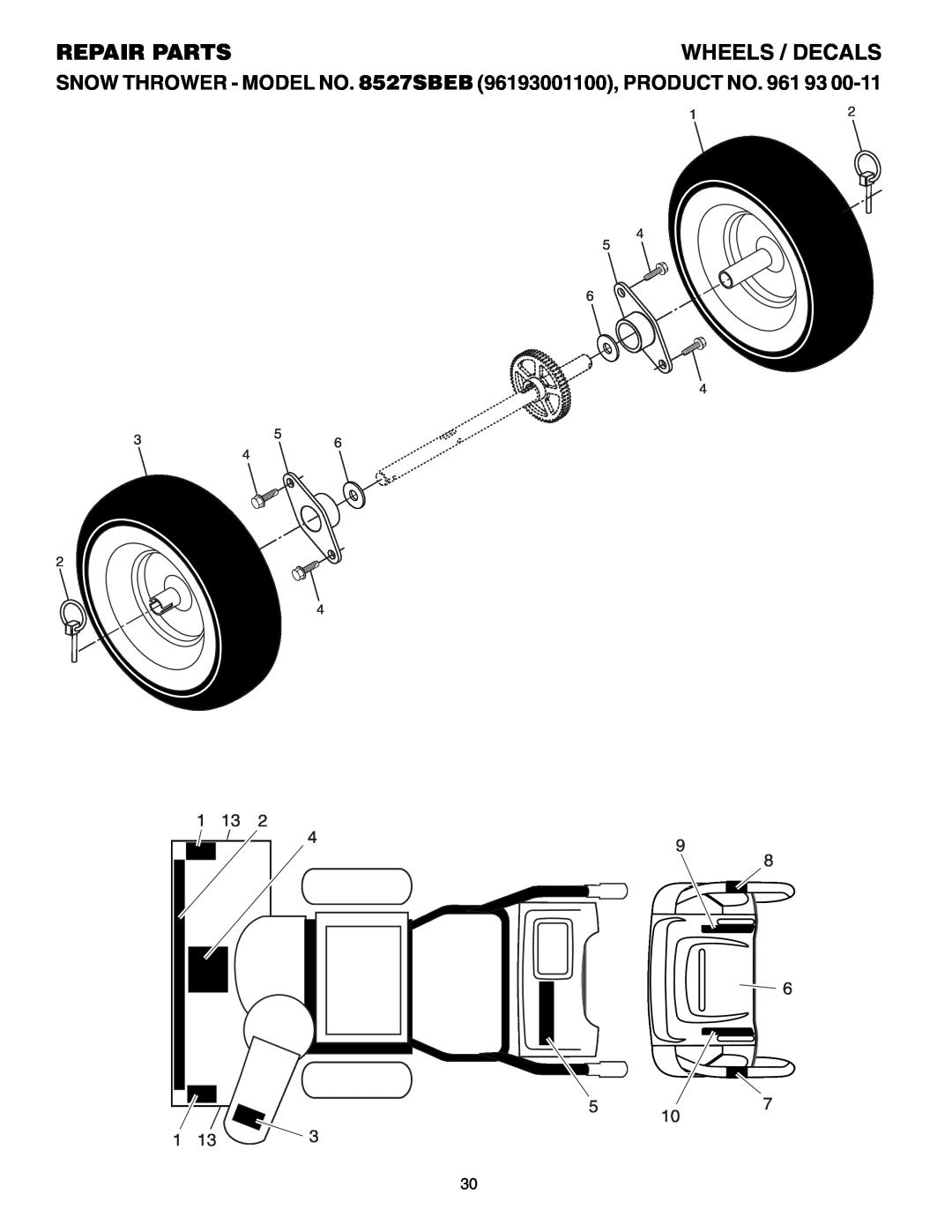 Husqvarna Wheels / Decals, Repair Parts, SNOW THROWER - MODEL NO. 8527SBEB 96193001100, PRODUCT NO. 961, 1 13 