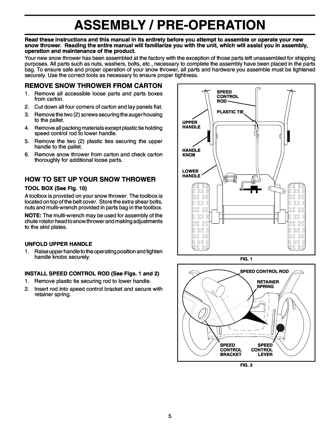 Husqvarna 8527SBEB owner manual Assembly / Pre-Operation, Remove Snow Thrower From Carton, How To Set Up Your Snow Thrower 
