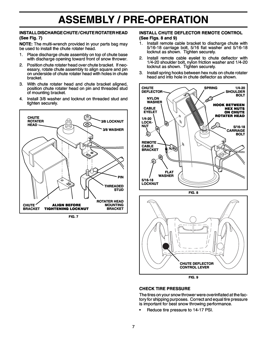 Husqvarna 8527SBEB Assembly / Pre-Operation, INSTALL DISCHARGE CHUTE / CHUTE ROTATER HEAD See Fig, Check Tire Pressure 