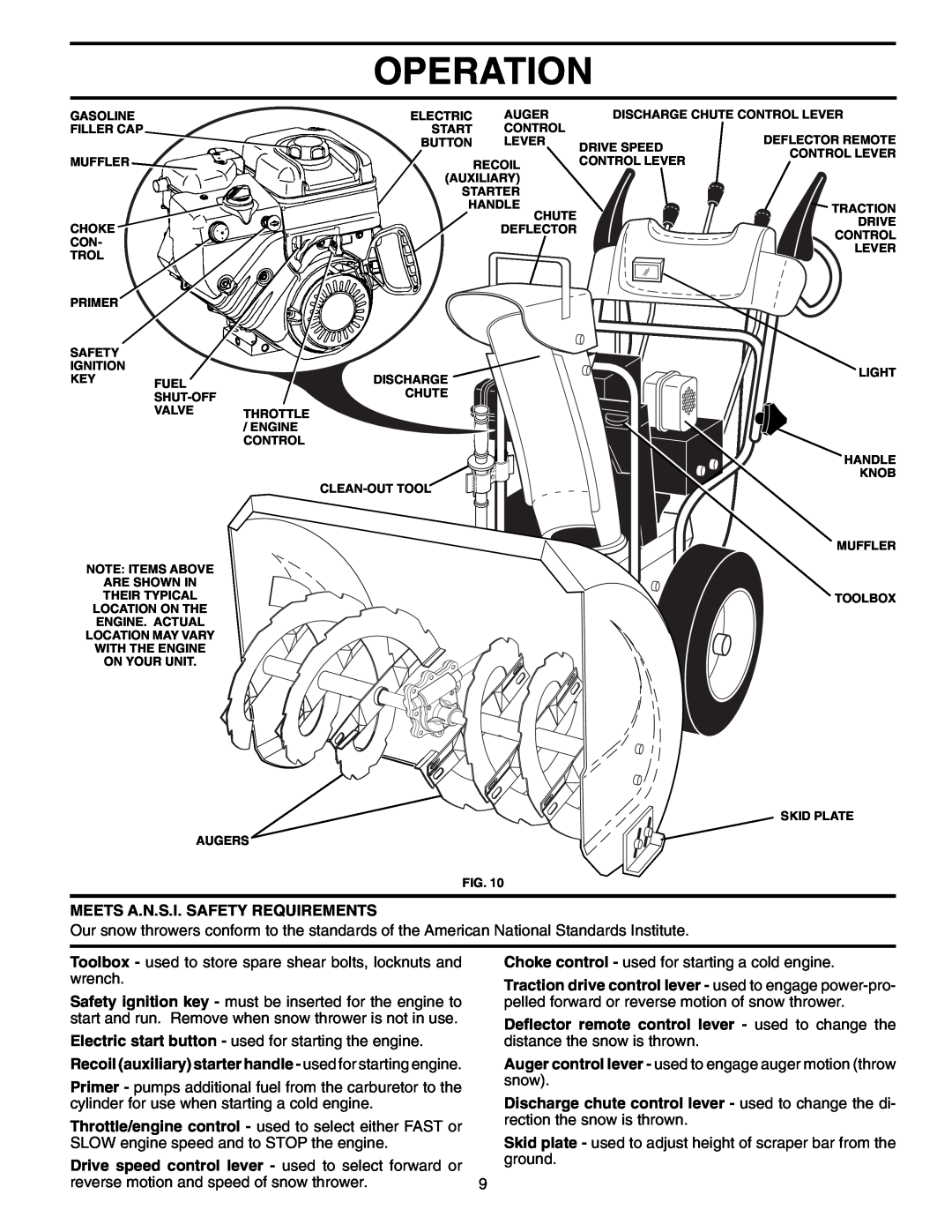 Husqvarna 8527SBEB Operation, Meets A.N.S.I. Safety Requirements, Drive speed control lever - used to select forward or 