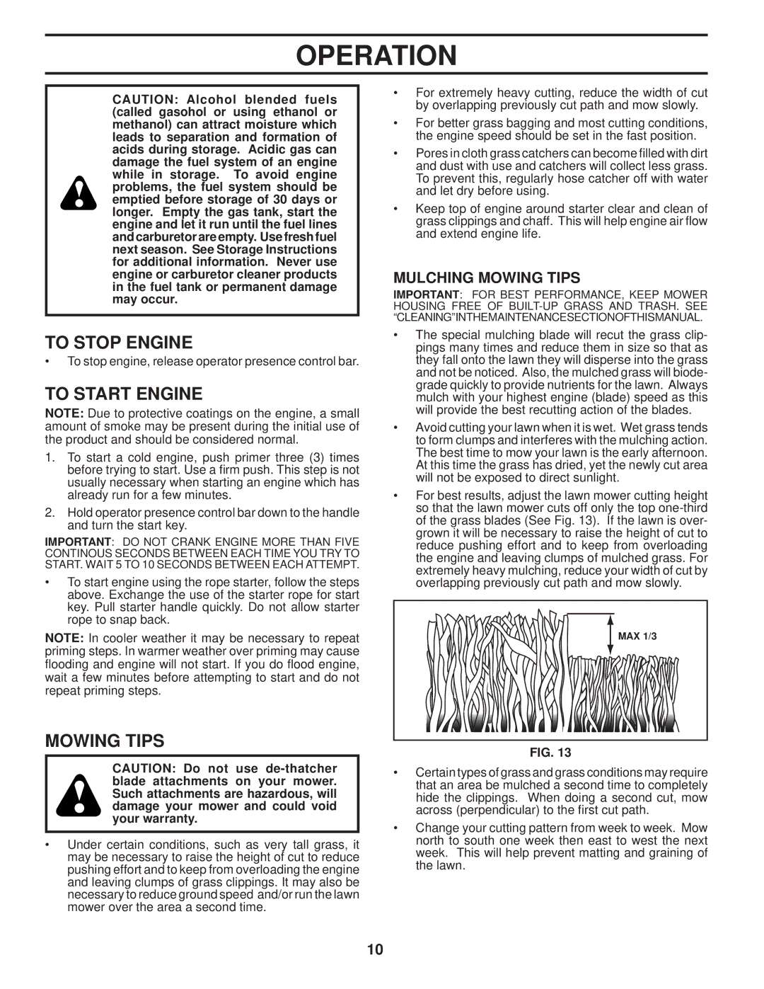 Husqvarna 87521HVE owner manual To Stop Engine, To Start Engine, Mulching Mowing Tips 