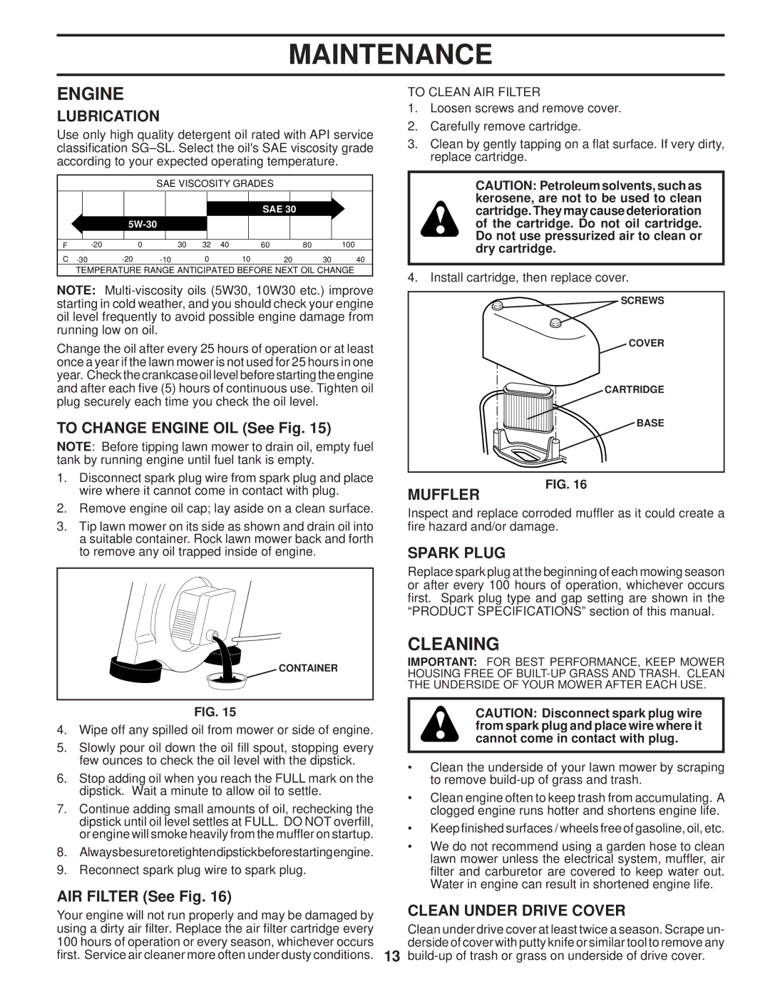 Husqvarna 87521HVE owner manual Engine, Cleaning, Muffler, Spark Plug, Clean Under Drive Cover 