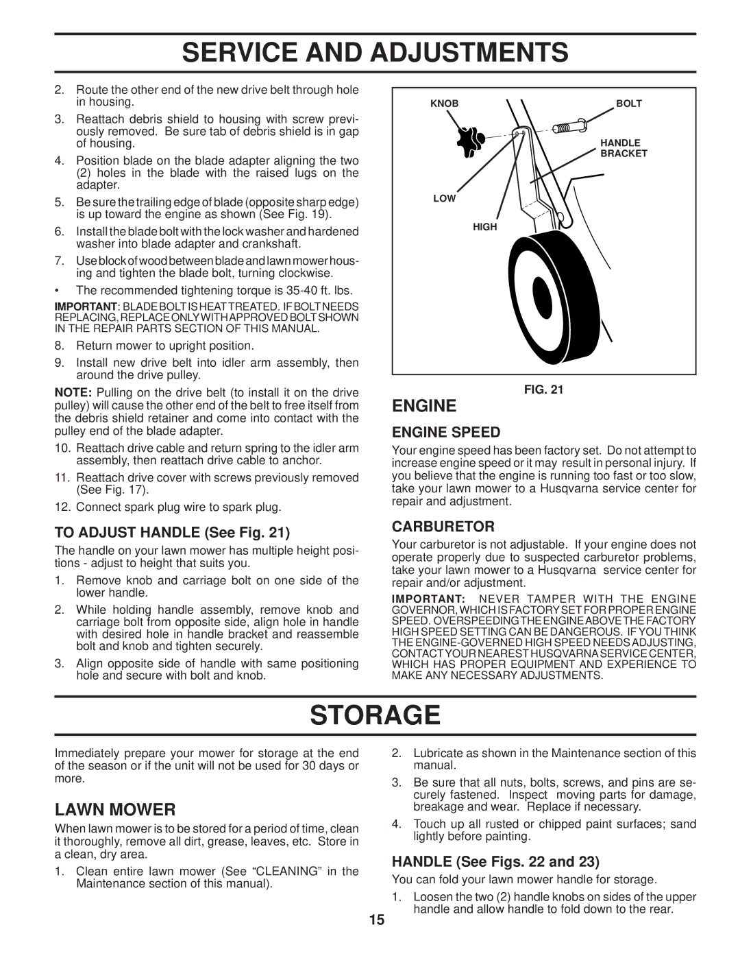 Husqvarna 87521HVE owner manual To Adjust Handle See Fig, Carburetor, Handle See Figs 