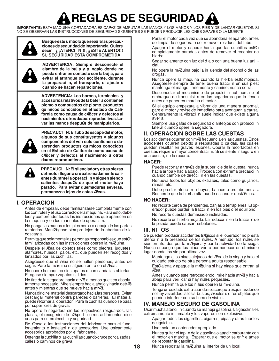 Husqvarna 87521HVE owner manual II. Operacion Sobre LAS Cuestas, III. Niños, IV. Manejo Seguro DE Gasolina 