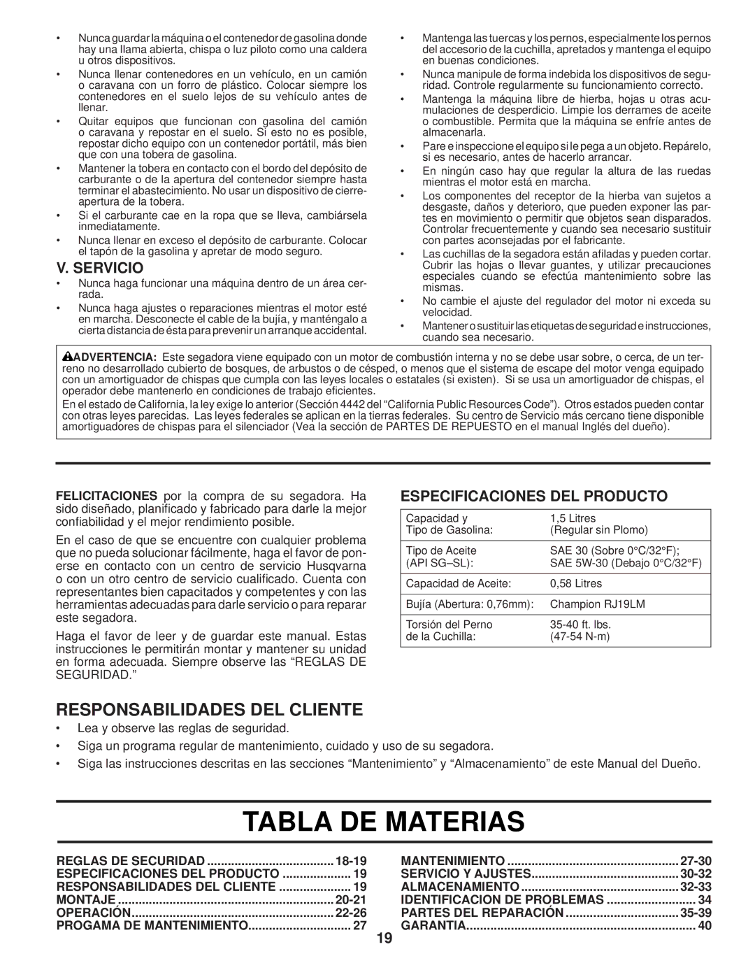 Husqvarna 87521HVE owner manual Responsabilidades DEL Cliente, Servicio, Especificaciones DEL Producto 