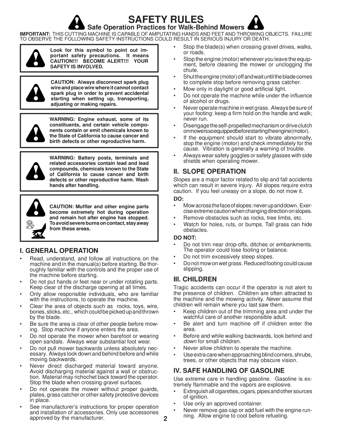 Husqvarna 87521HVE Safe Operation Practices for Walk-Behind Mowers, II. Slope Operation, General Operation, III. Children 