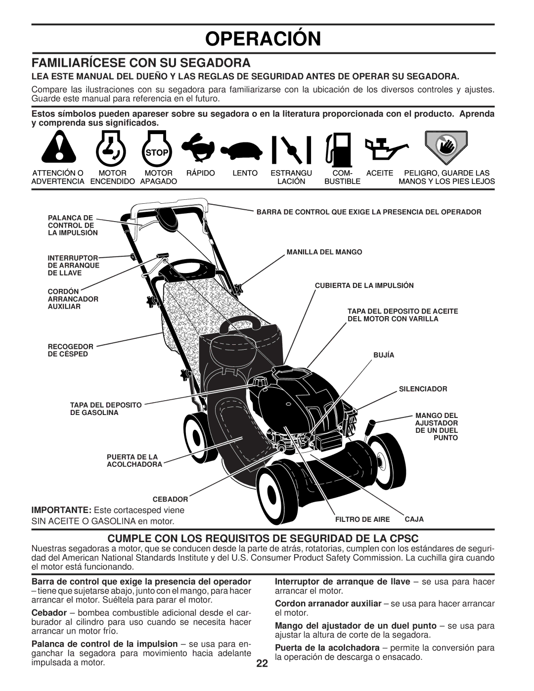 Husqvarna 87521HVE owner manual Familiarícese CON SU Segadora, Cumple CON LOS Requisitos DE Seguridad DE LA Cpsc 